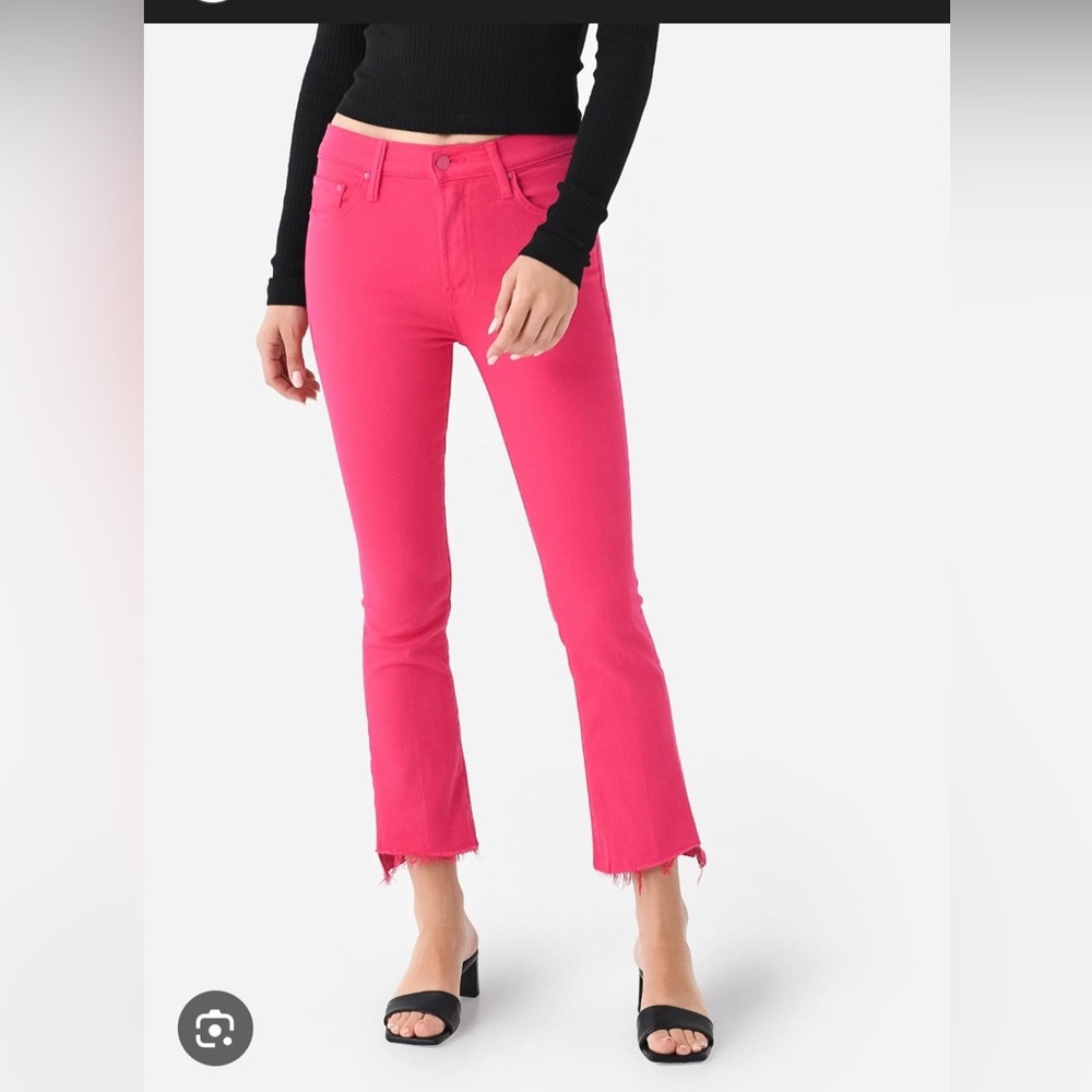 MOTHER insider step fray Bright Pink Cropped Flare Jeans